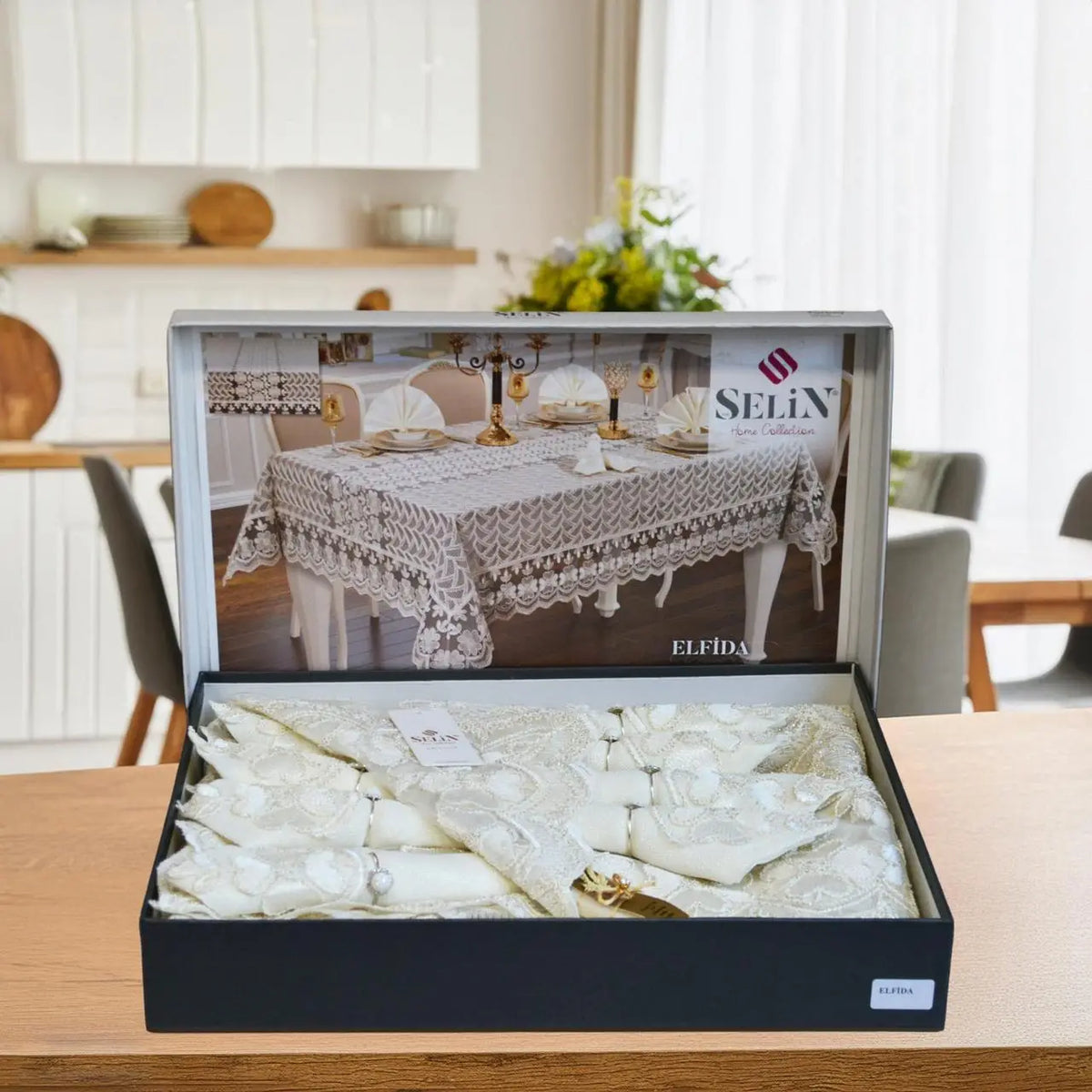 Cкатертина Selin Elfida Set 160×350+12 серветок кремова