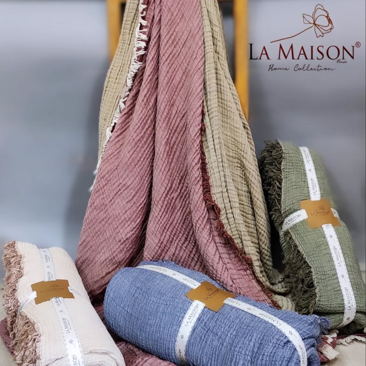 Муслінове покривало La Maison 230×240 Selin Antrasit – Ekru