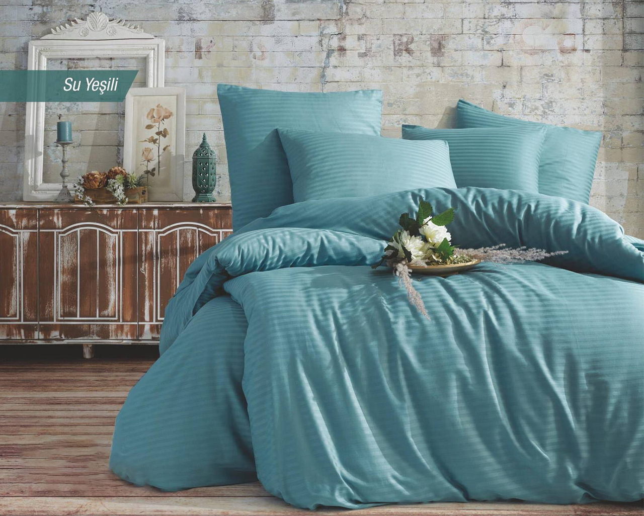 Постільна білизна Venica Mascuse Satin 200х220 см, простирадло 160х220+30 см Su Yesili