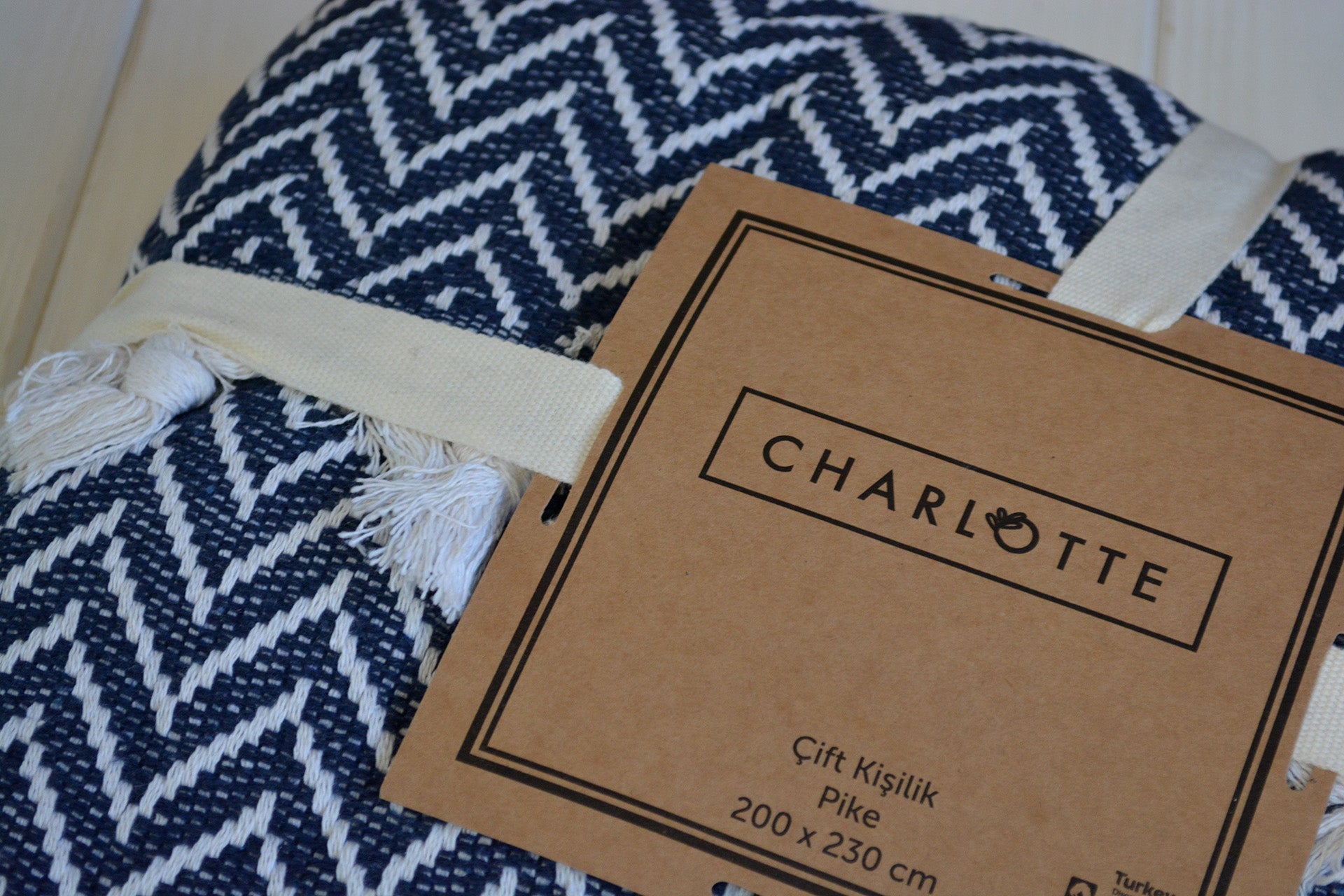 Плед бавовняний Charlotte 200×230 см. Зігзаг темно-синій