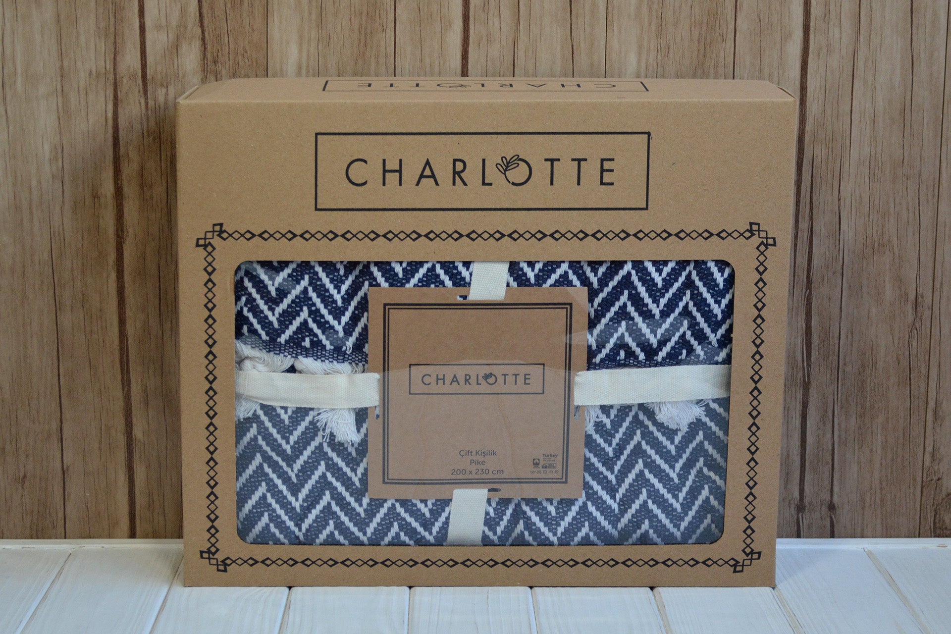 Плед бавовняний Charlotte 200×230 см. Зігзаг темно-синій