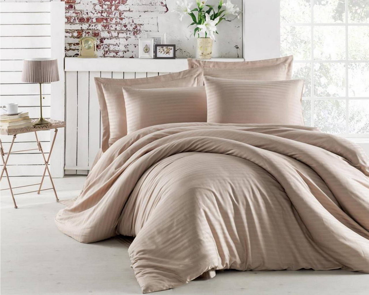 Постільна білизна Charlotte Stripe Satin 200х220см, простирадло 180х200+30 см Cappuccino