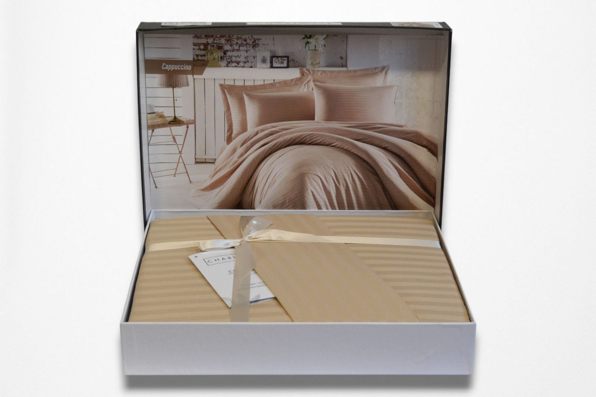 Постільна білизна Charlotte Stripe Satin 200х220см, простирадло 180х200+30 см Cappuccino