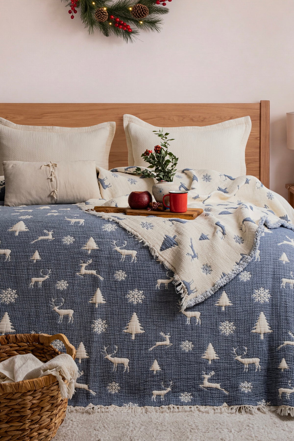 Муслінове новорічне покривало Saheser Merry 240 х 260 см. Navy Blue