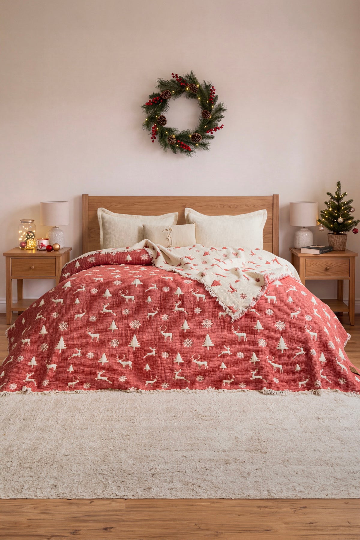 Муслінове новорічне покривало Saheser Merry 240 х 260 см. Red