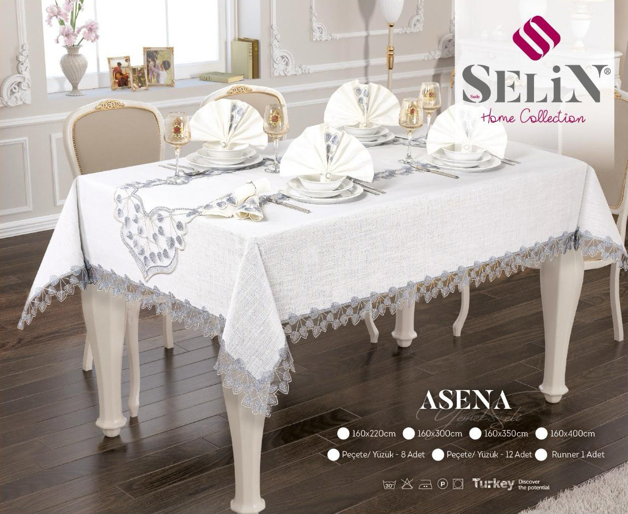 Лляна скатертина з ранером Selin Asena Set 160×300 см.+12 серветок кремова