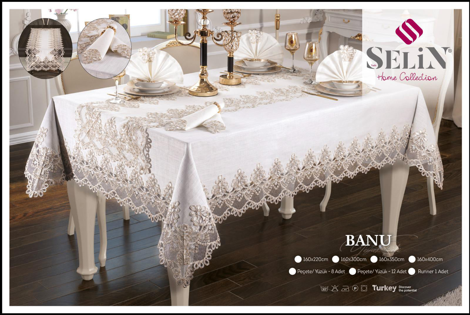 Лляна скатертина з ранером Selin Banu Set 160x220 см.+8 серветок кремова