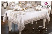 Лляна скатертина з ранером Selin Banu Set 160x220 см.+8 серветок кремова