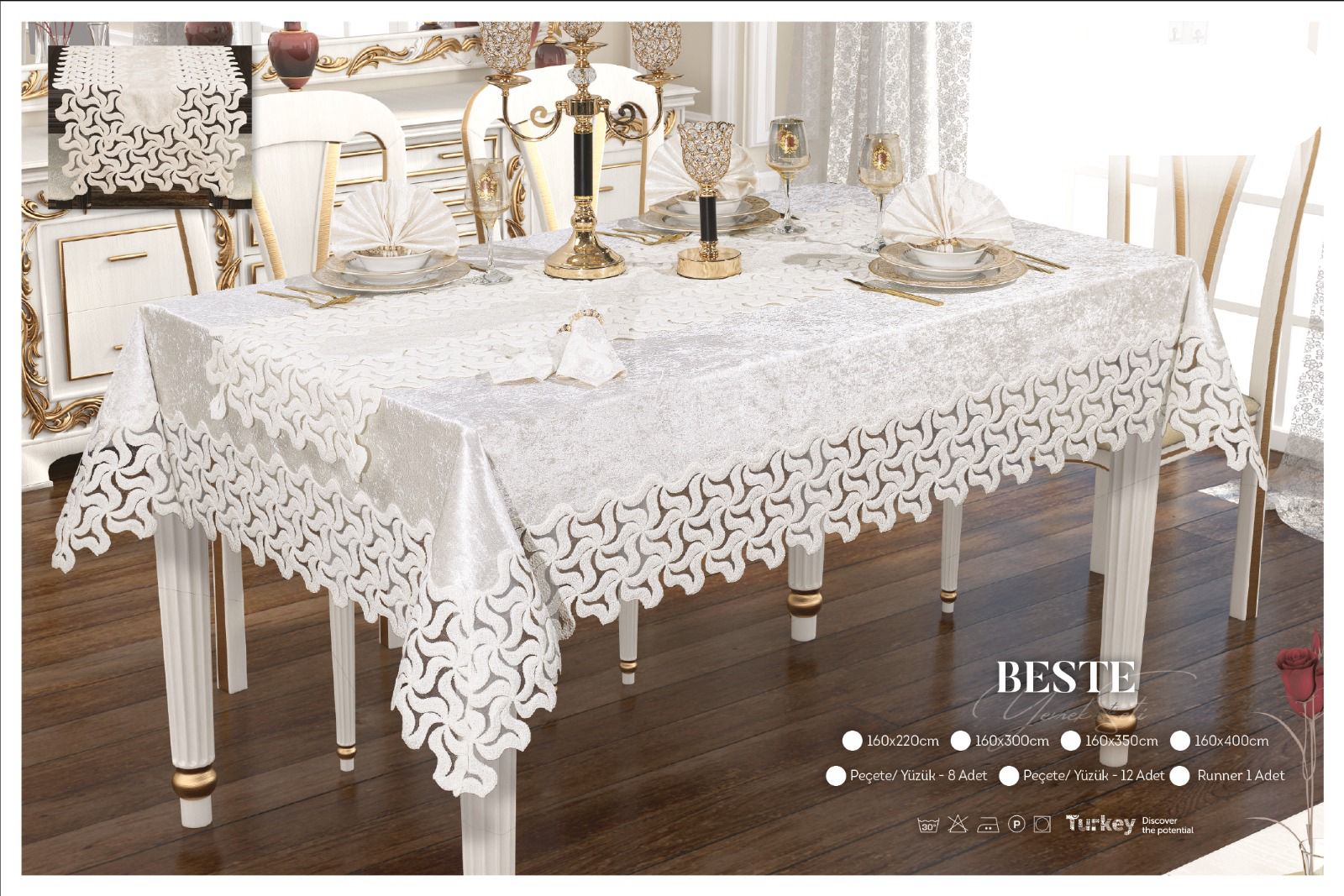 Велюрова скатертина з ранером Selin Beste Set 160x300 см.+12серветок кремова