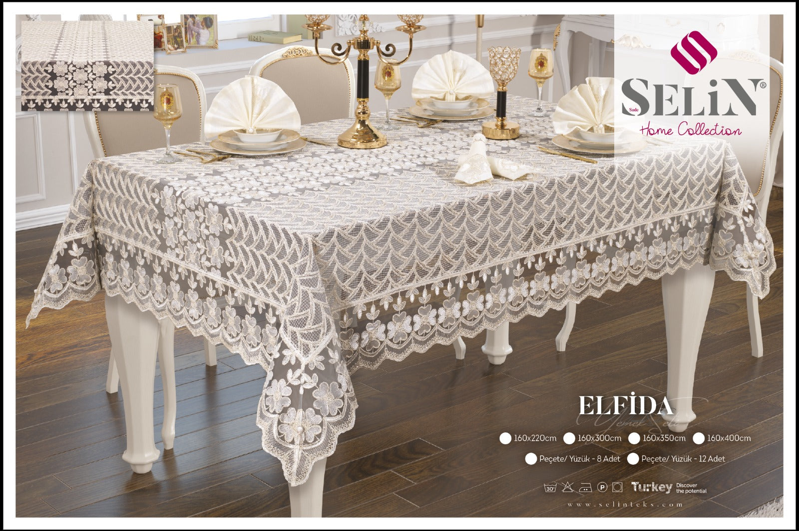 Скатертина Selin Elfida Set з вишивкою 160×300 см.+12 серветок кремова