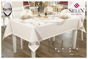 Лляна скатертина Selin Elif Set 160x220 см.+8 серветок кремова