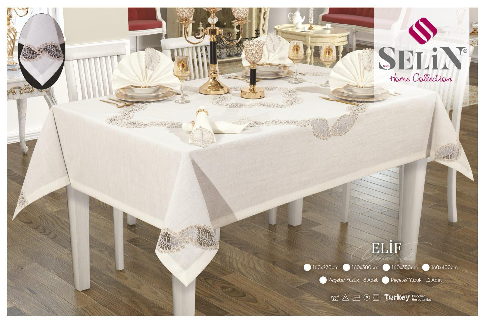Лляна скатертина Selin Elif Set 160x300 см.+12серветок кремова