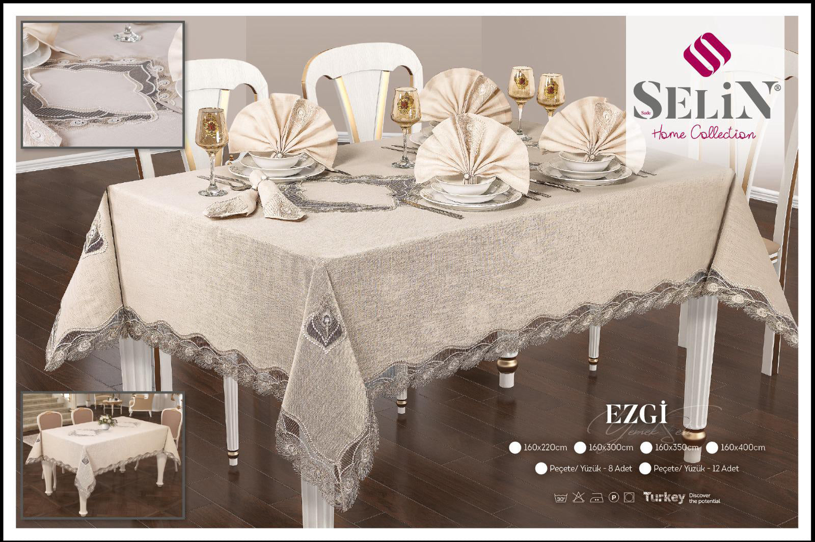 Лляна скатертина Selin Ezgi Set 160×220 см.+8 серветок кремова