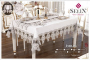 Лляна скатертина з ранером Selin Imran Set 160×220 см.+8 серветок кремова