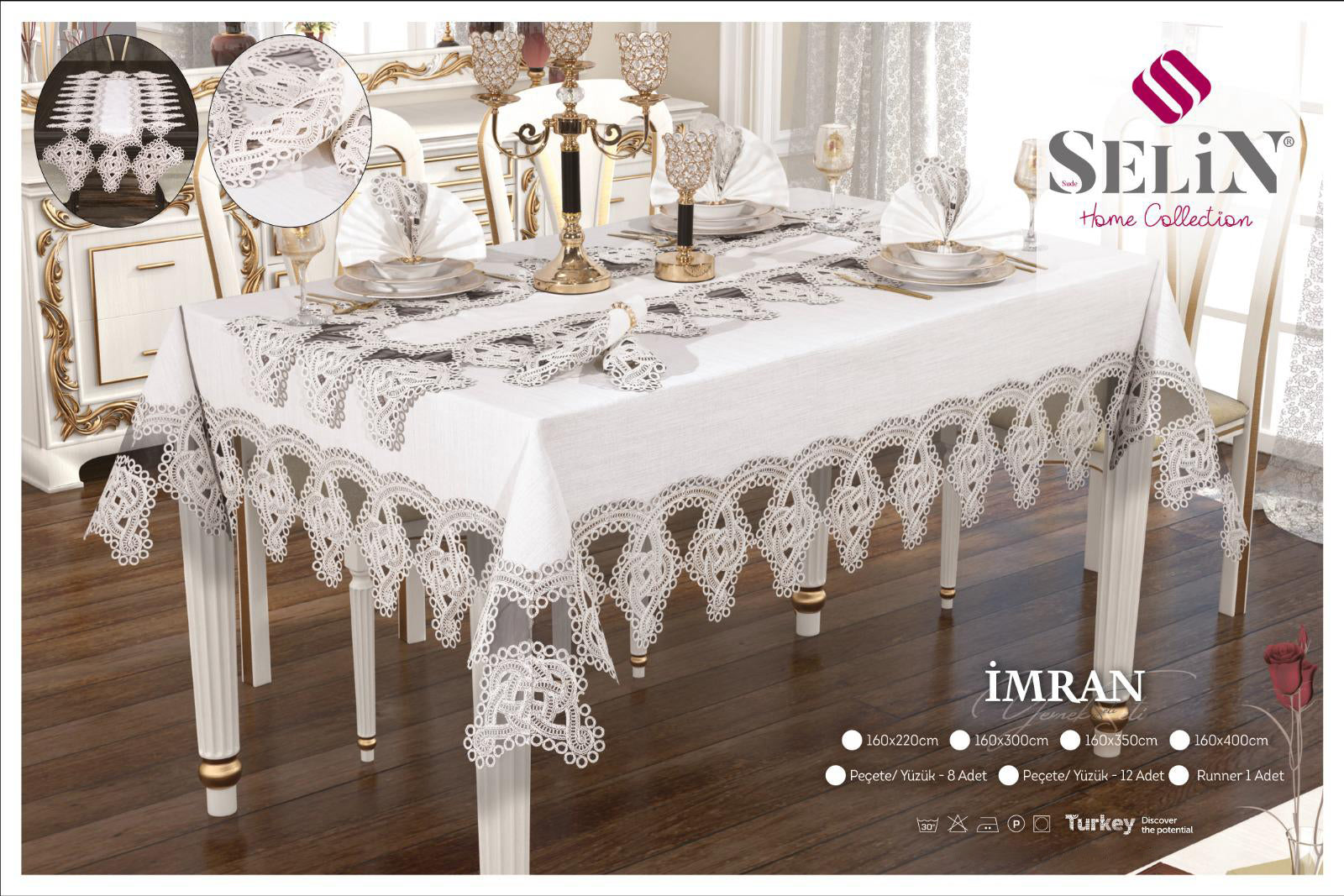 Лляна скатертина з ранером Selin Imran Set 160×350 см.+12 серветок кремова