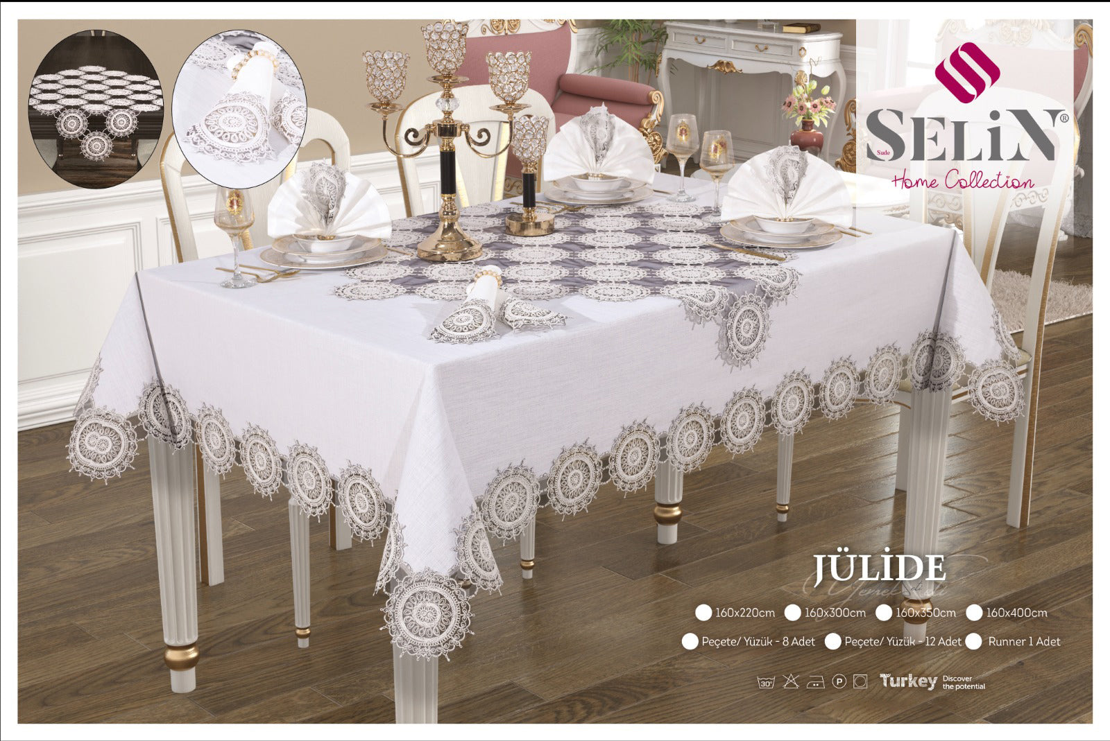 Лляна скатертина з ранером Selin Julide Set 160×220 см.+8 серветок кремова
