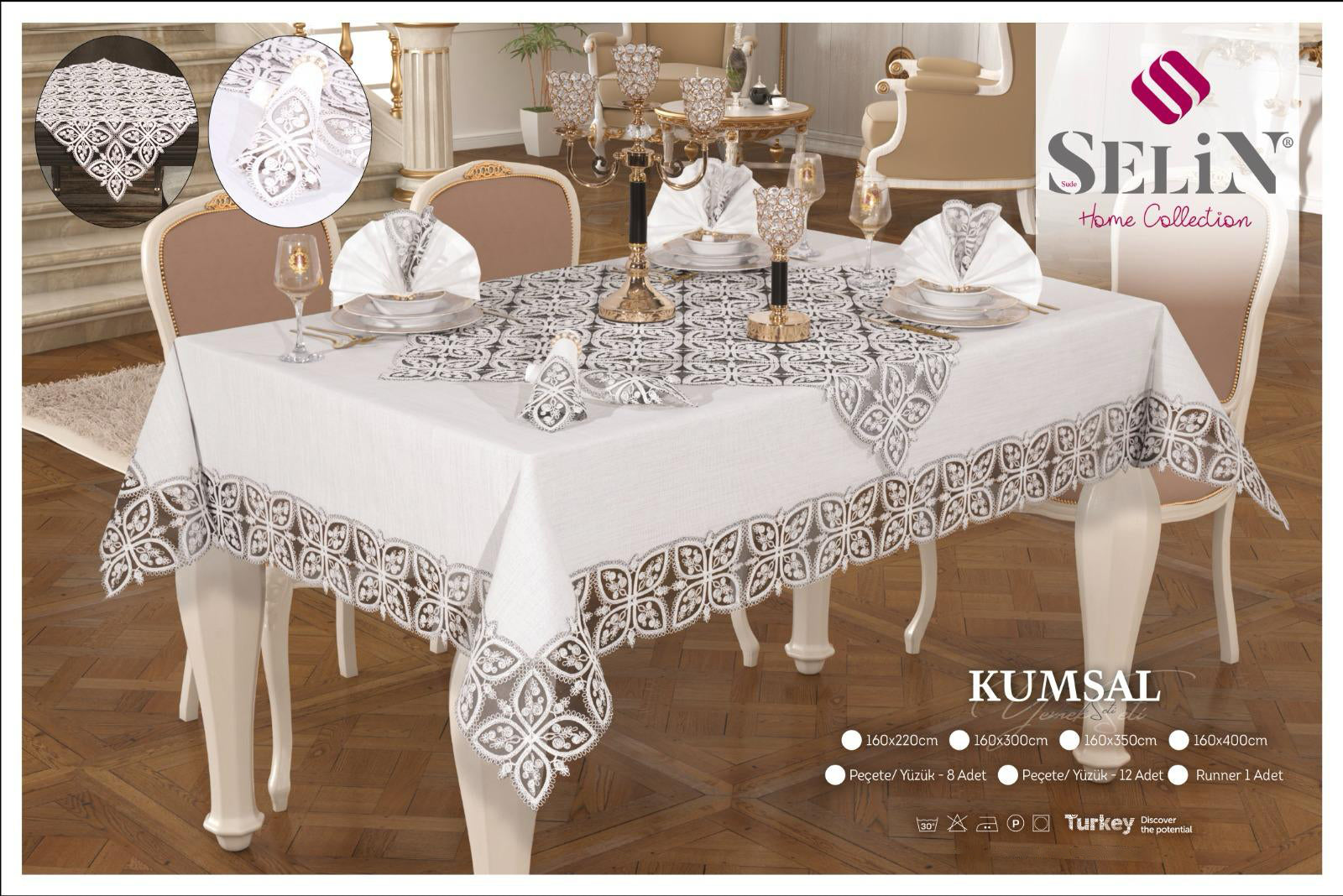 Лляна скатертина з ранером Selin Kumsal Set 160x220 см.+8 серветок кремова