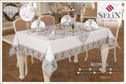 Лляна скатертина з ранером Selin Kumsal Set 160x220 см.+8 серветок кремова