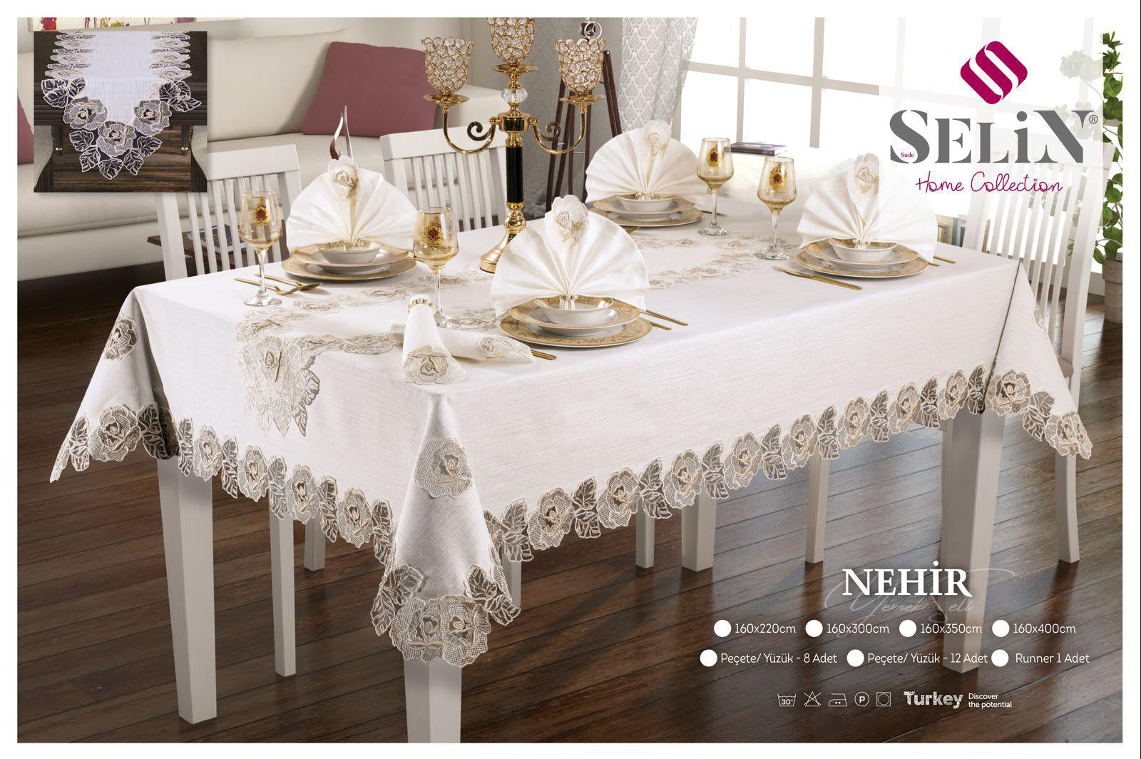 Лляна скатертина з ранером Selin Nehir Set 160×220 см.+8 серветок кремова