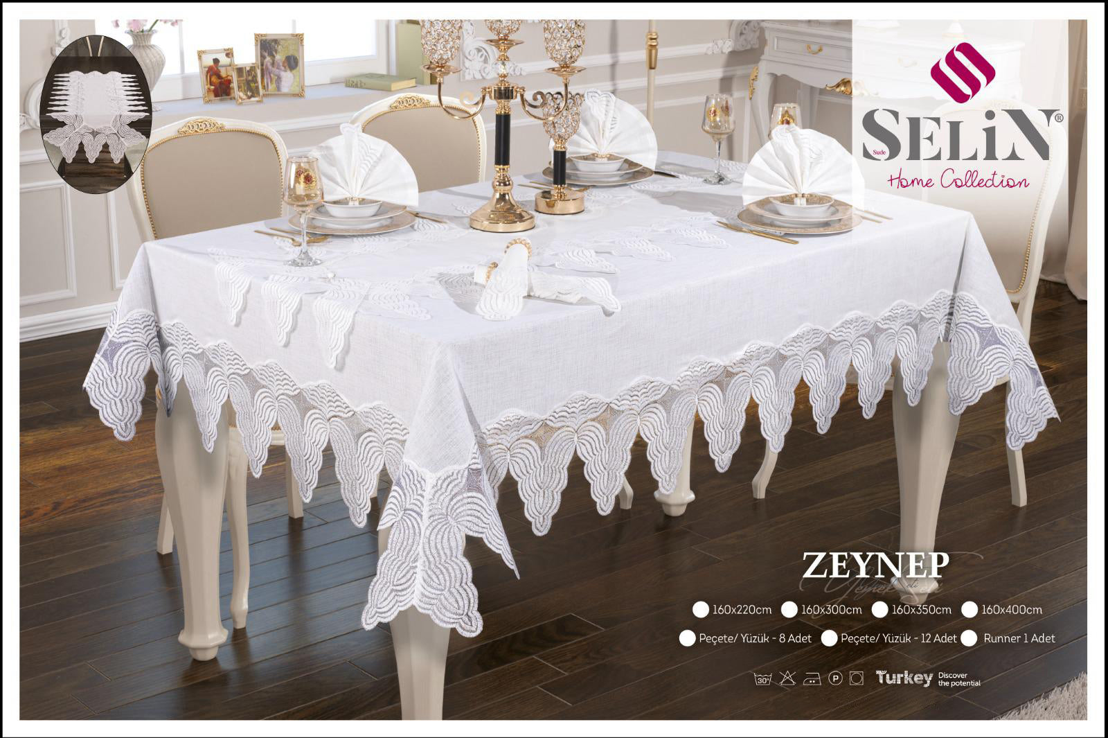 Лляна скатертина з ранером Selin Zeynep Set 160×220 см.+8 серветок кремова