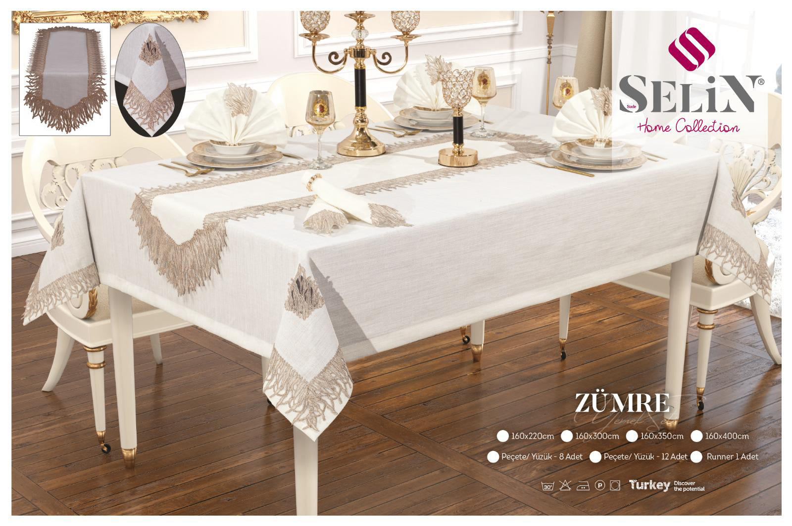 Лляна скатертина з ранером Selin  Zumre Set 160x300 см.+12 серветок кремова