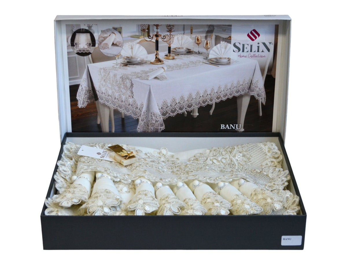 Лляна скатертина з ранером Selin Banu Set 160×350+12 серветок кремова