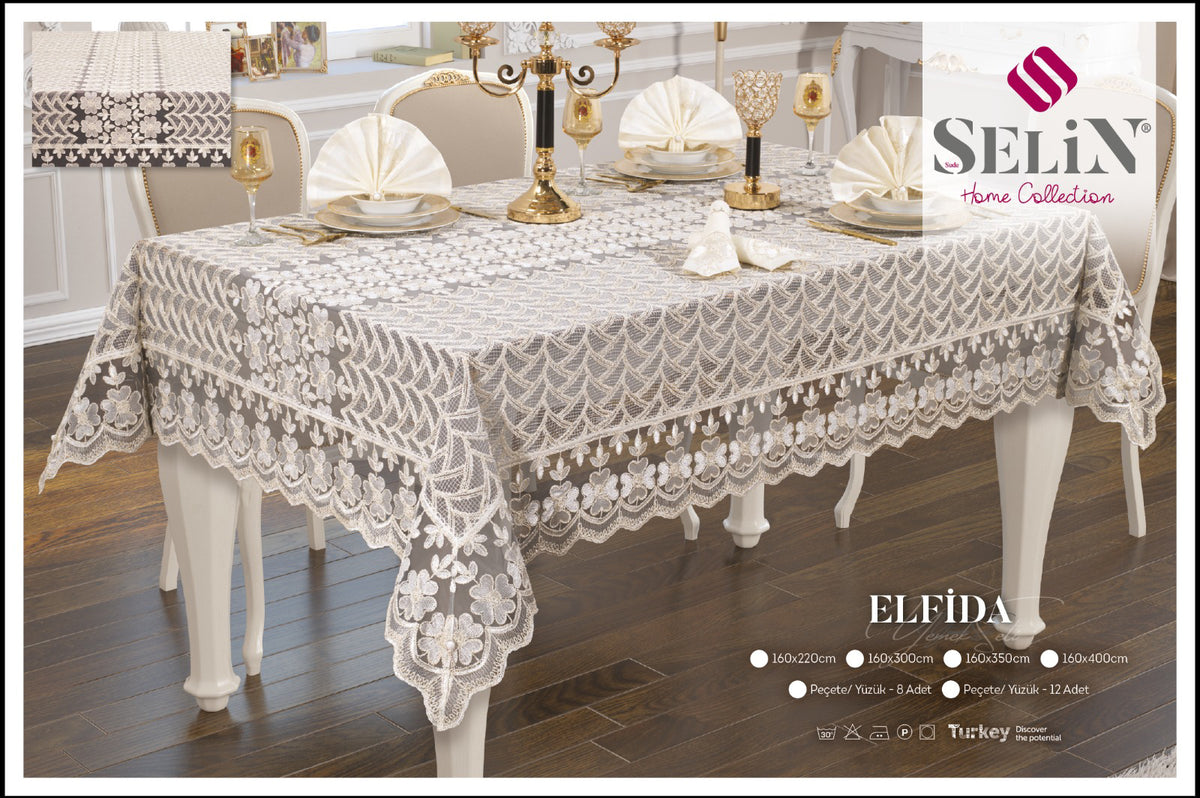Cкатертина Selin Elfida Set 160×350+12 серветок кремова