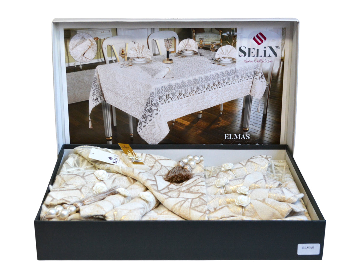 Cкатертина Selin Elmas Set 160×300+12 серветок кремова