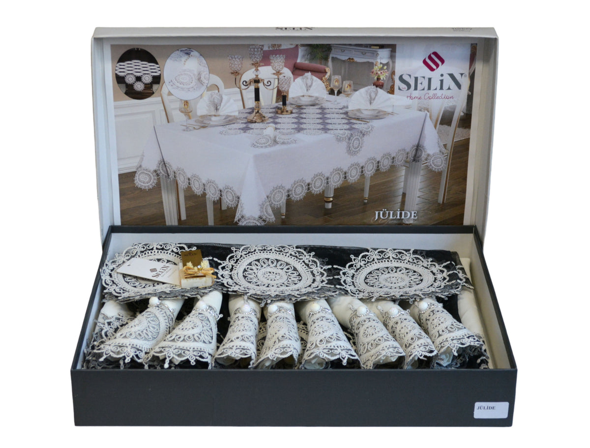 Лляна скатертина з ранером Selin Julide Set 160×350+12 серветок кремова