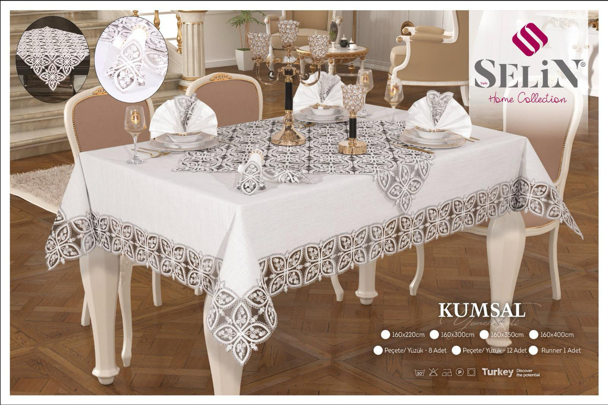 Льняна скатертина з ранером Selin Kumsal Set 160×300+12 серветок кремова