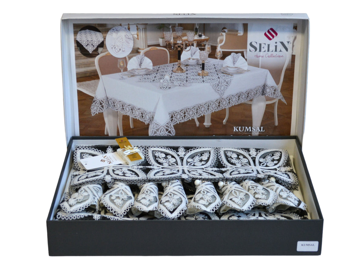 Льняна скатертина з ранером Selin Kumsal Set 160×300+12 серветок кремова