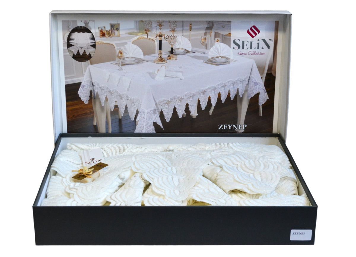 Лляна скатертина з ранером Selin Zeynep Set 160×220+8 серветок кремова