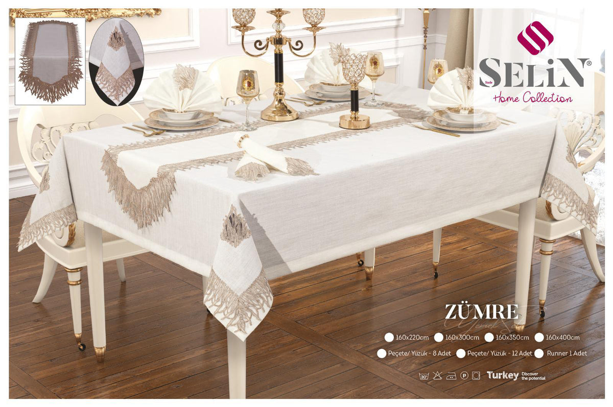 Льняна скатертина з ранером Selin Zumre Set 160×300+12 серветок кремова