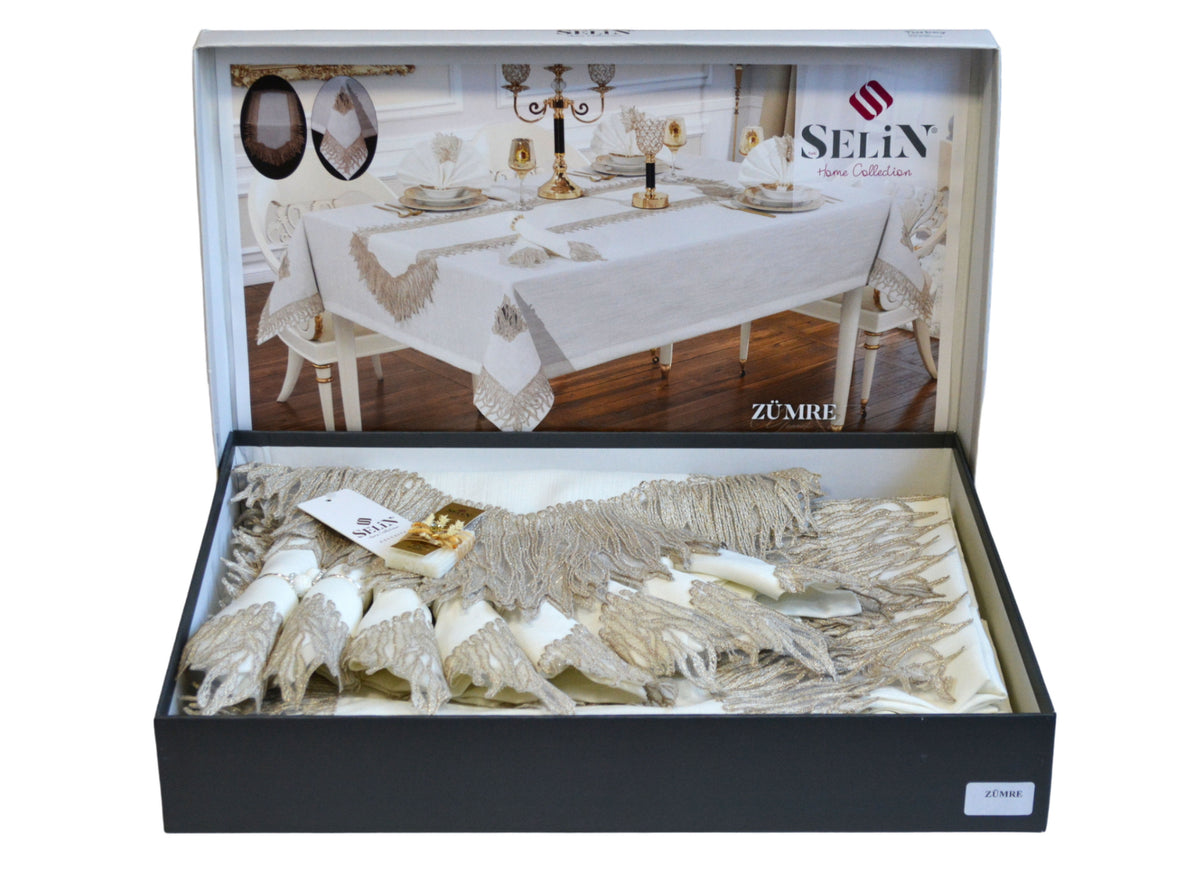 Льняна скатертина з ранером Selin Zumre Set 160×300+12 серветок кремова
