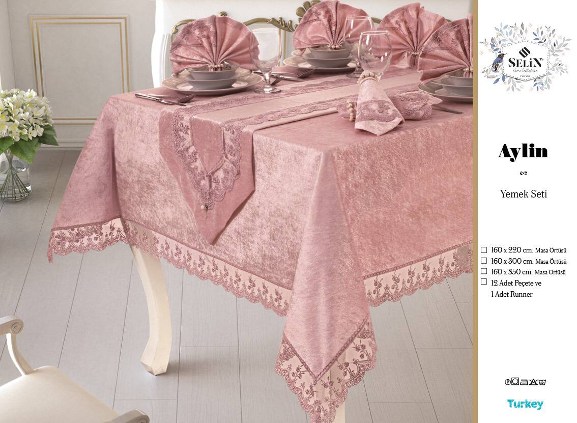 Велюрова скатертина з ранером Selin Aylin Set 160×300+12 серветок Бежева