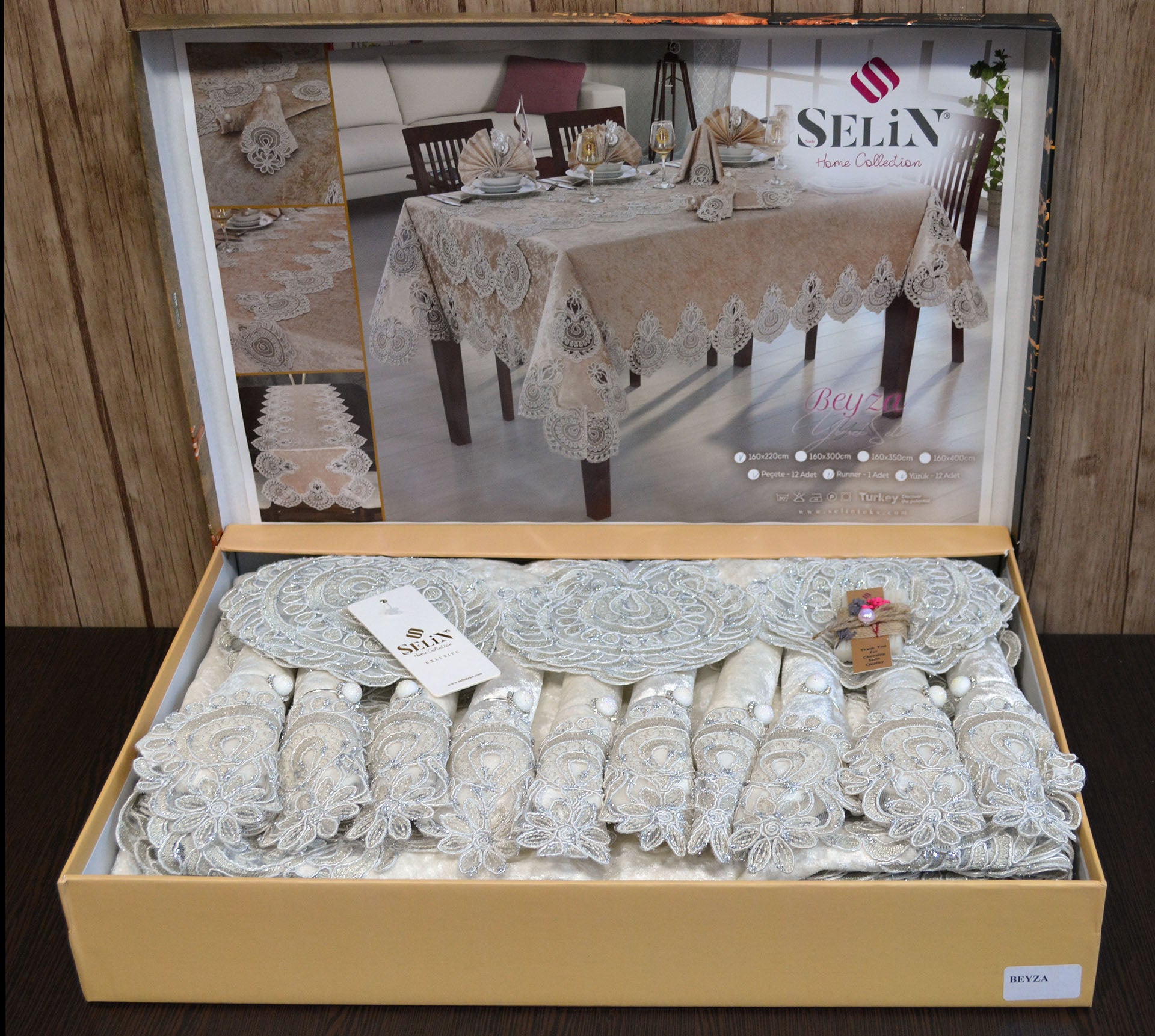 Велюрова скатертина з ранером Selin Beyza Set 160x300 см.+12 серветок - Кремовий