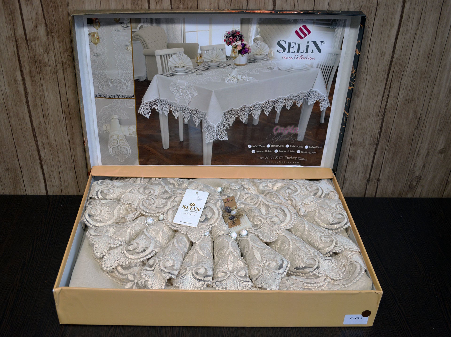 Лляна скатертина з ранером Selin Cagla Set 160x350 см.+12 серветок - Бежевий