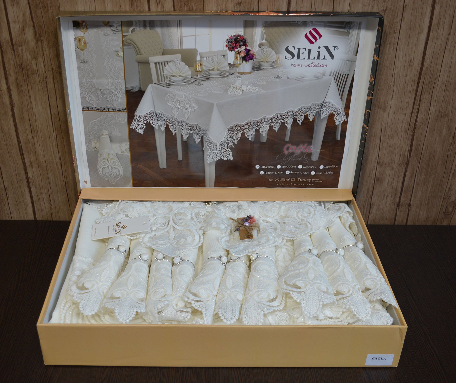 Лляна скатертина з ранером Selin Cagla Set 160x300 см.+12 серветок - Кремовий