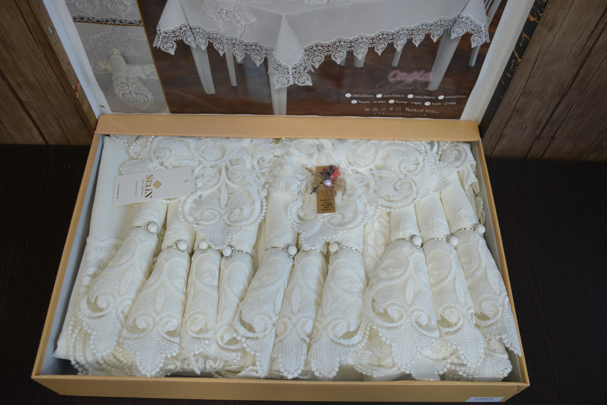 Лляна скатертина з ранером Selin Cagla Set 160×350+12 серветок Кремова