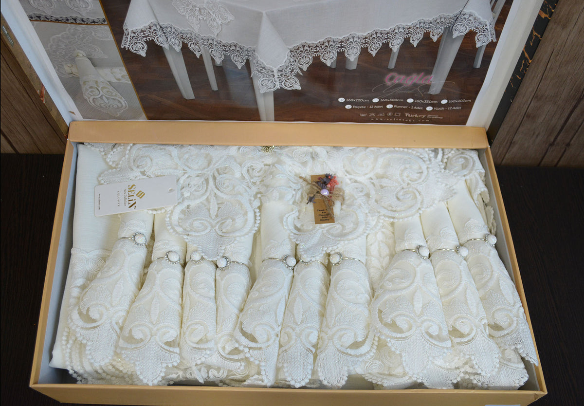 Лляна скатертина з ранером Selin Cagla Set 160×350+12 серветок Кремова