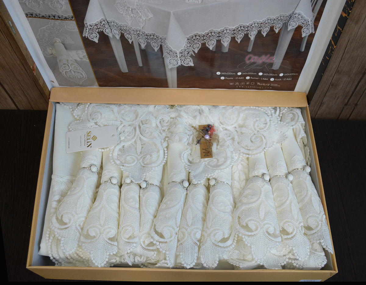 Лляна скатертина з ранером Selin Cagla Set 160×350+12 серветок Кремова