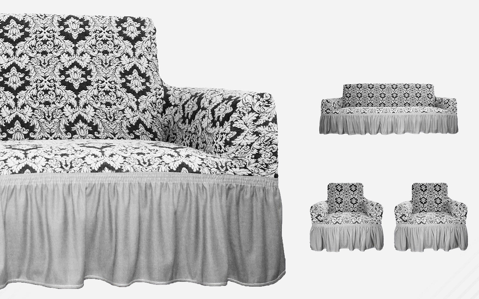 Жакардовый чохол на диван + 2 крісла Damask зі спідницею - Світло-сірий