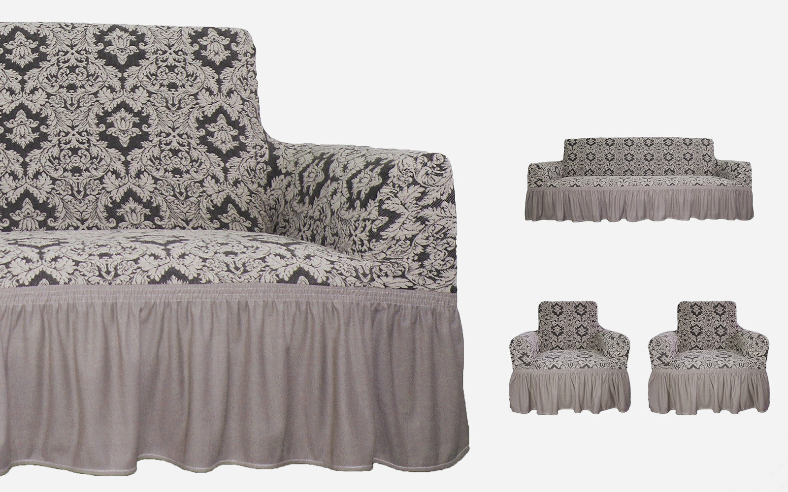 Жакардовый чохол на диван + 2 крісла Damask зі спідницею - Слонова кістка
