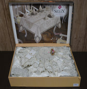 Велюрова скатертина з ранером Selin Gamze Set 160x220 см.+12 серветок - Кремовий