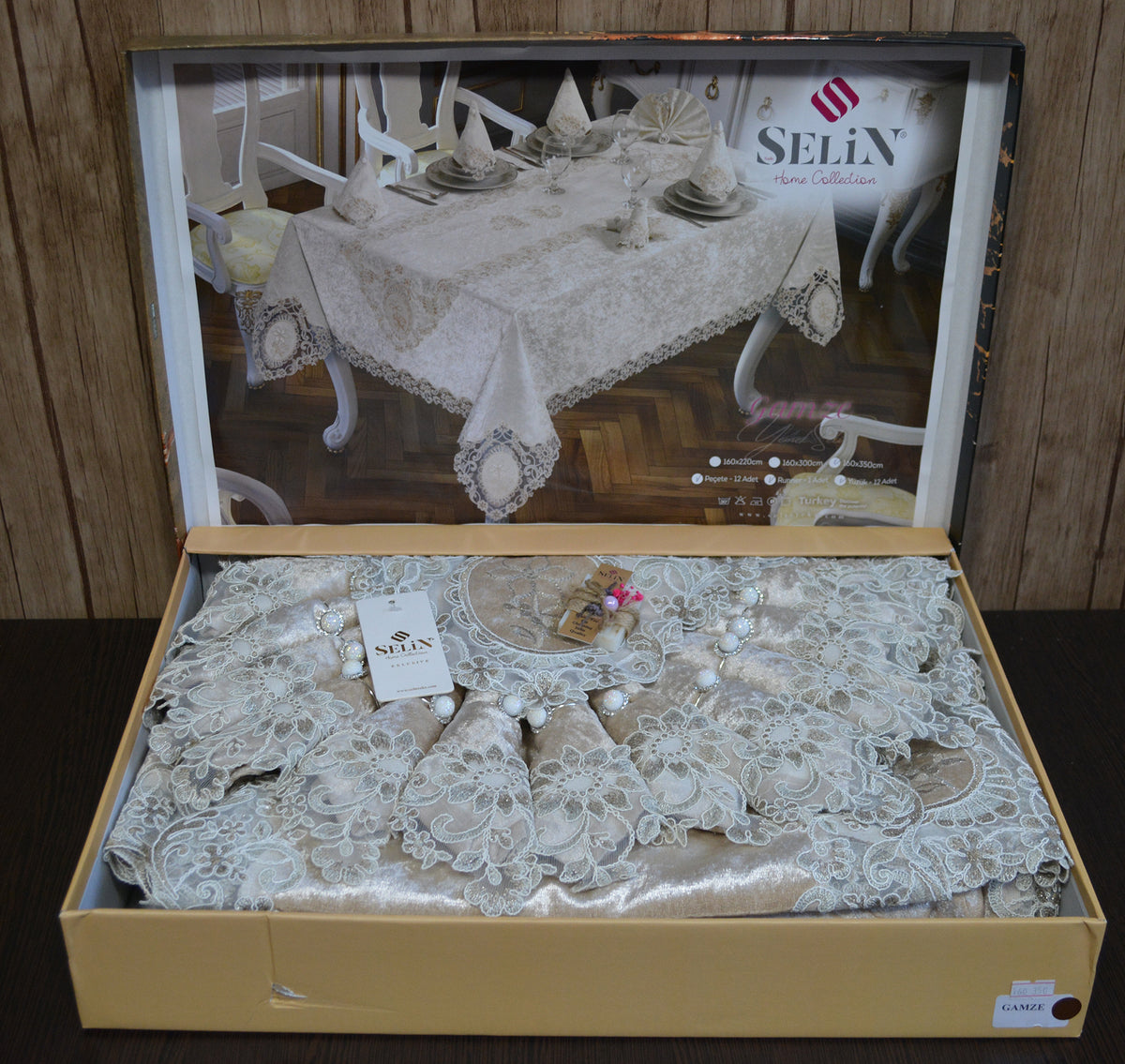 Велюрова скатертина з ранером Selin Gamze Set 160×350+12 серветок