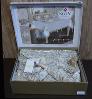 Велюрова скатертина Selin Gizem Set 160x350+12 серветок - Бежевий