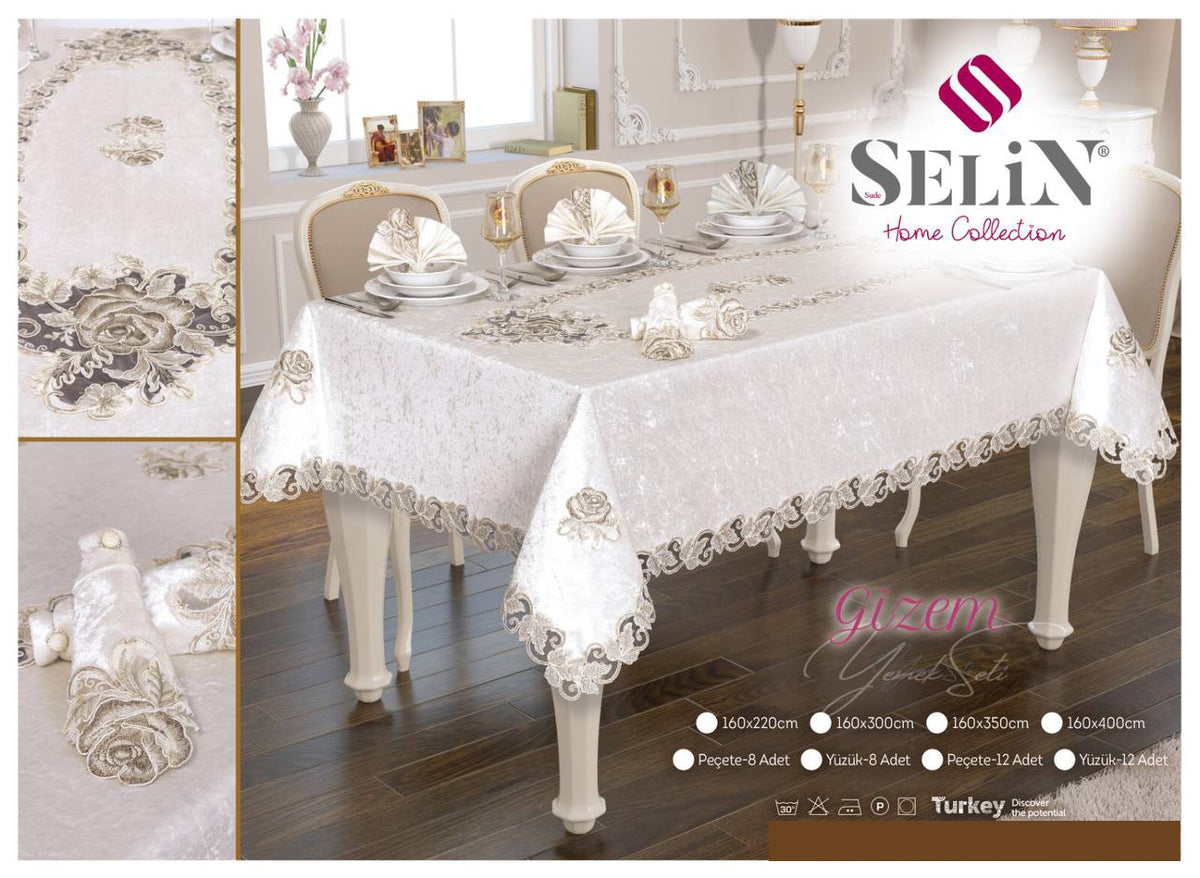 Велюрова скатертина Selin Gizem Set 160×220+8 серветок