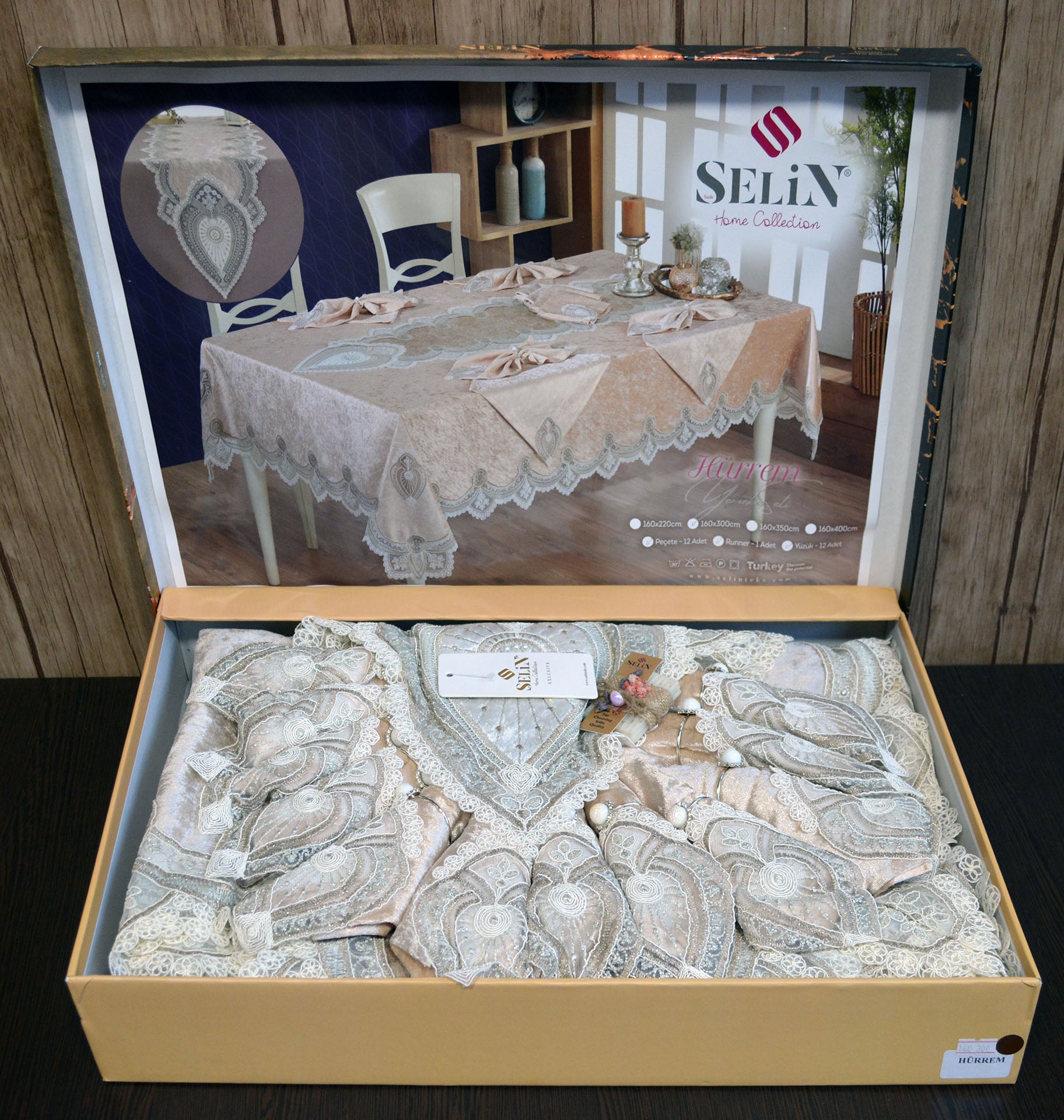 Велюрова скатертина з ранером Selin Hurrem Set 160x220 см.+12 серветок - Бежевий