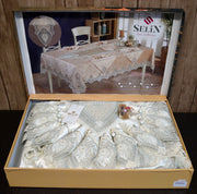 Велюрова скатертина з ранером Selin Hurrem Set 160x350 см.+12 серветок - Кремовий