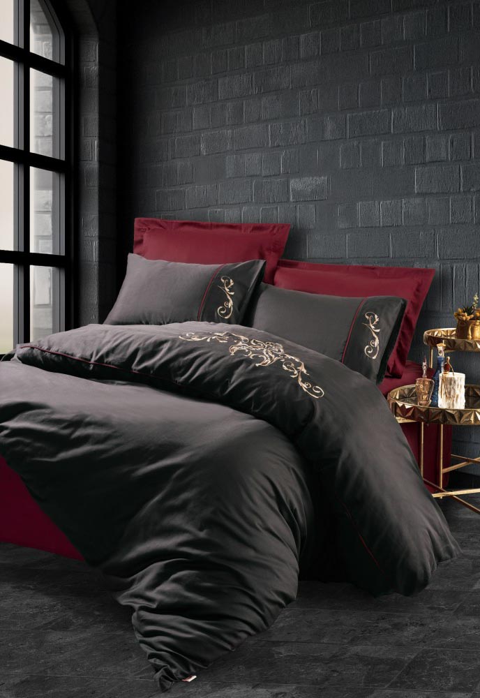 Комплект постільної білизни з вишивкою Cotton Box Brode Saten 200×220 Sarita Bordo